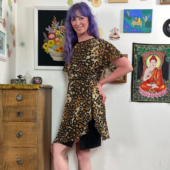 Vintage Leopard Print Dress, 1970s Punk Party Dress w Sheer Overlay, Sz S - Picture 4 of 10